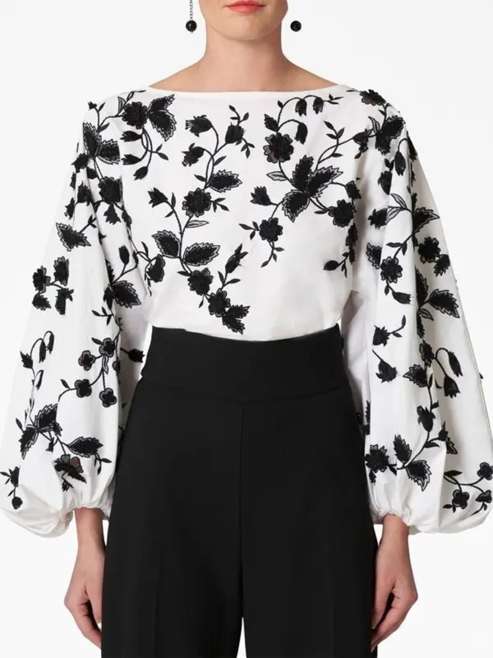 Carolina Herrera 3-D embroidered White Black Floral Cotton Puff Sleeve Top 10 - Picture 6 of 6